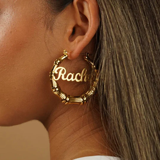 Custom Name Bamboo Hoop Earrings - Stainless Steel - SHOPPERS' CASTLE
