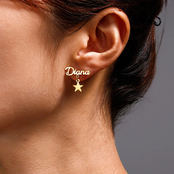 Custom Name Stud Earrings with Frosted Heart & Star - Stainless Steel - SHOPPERS' CASTLE