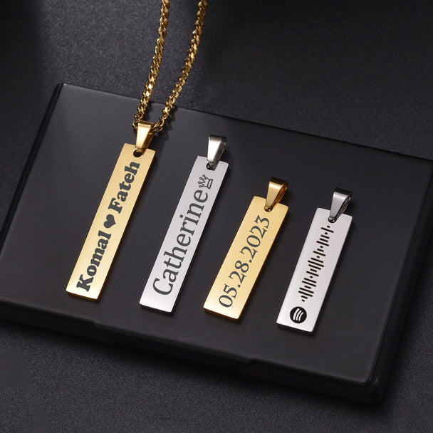 Engrave Name Rectangle Bar Necklace - Link Chain Pendant - SHOPPERS' CASTLE