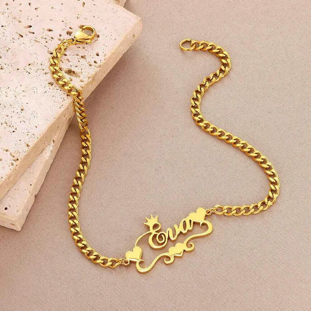 Custom Name Cuban Chain Heart Ribbon Bracelet - Handmade