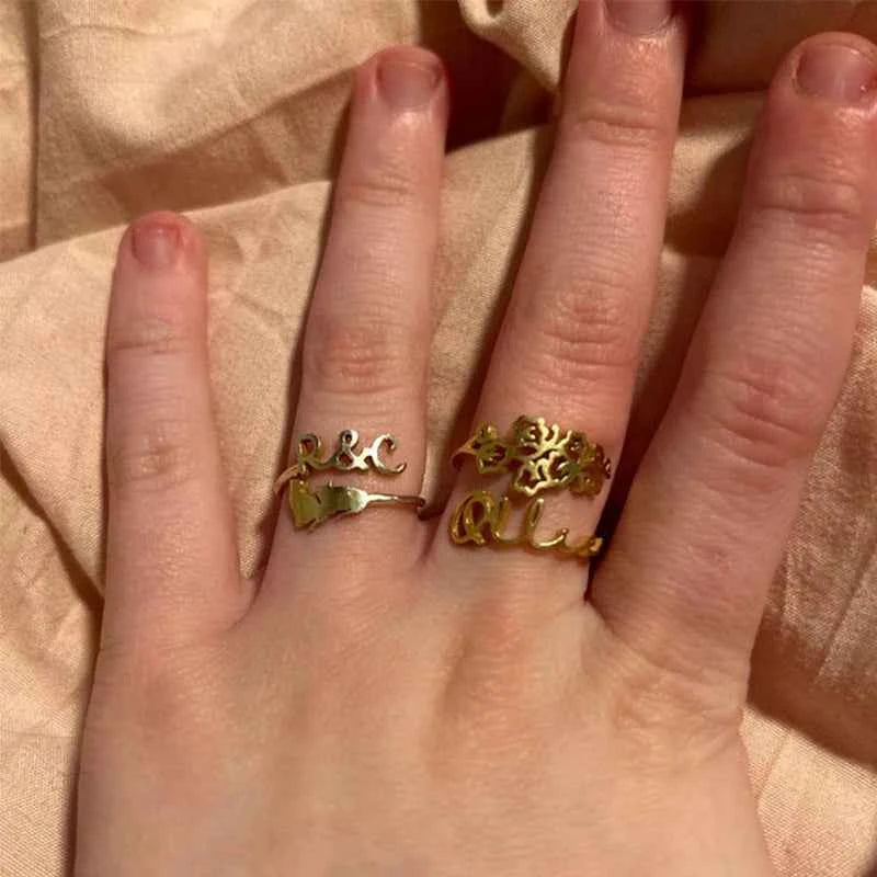 Custom Birth Flower Name Ring - Adjustable