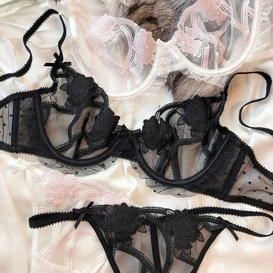Ultra-Thin Lace Flowers Embroidery Bra & G-String Set