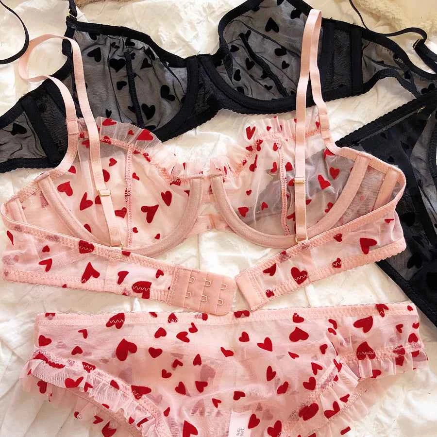 Ultra-Thin Transparent Push-Up Bra & Thong Set with Hearts