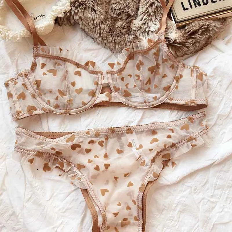 Ultra-Thin Transparent Push-Up Bra & Thong Set with Hearts