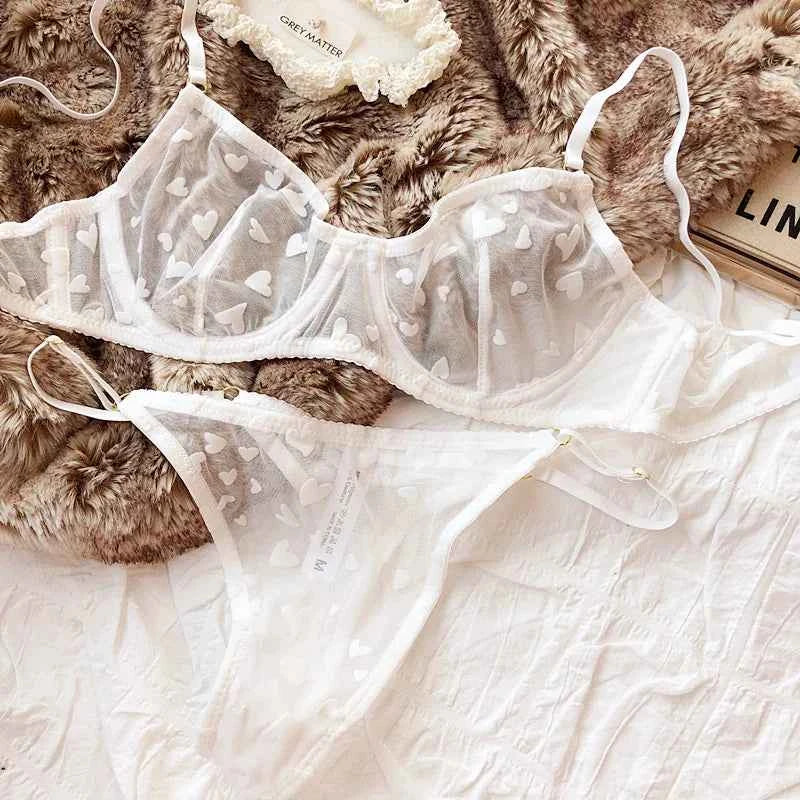 Ultra-Thin Transparent Push-Up Bra & Thong Set with Hearts