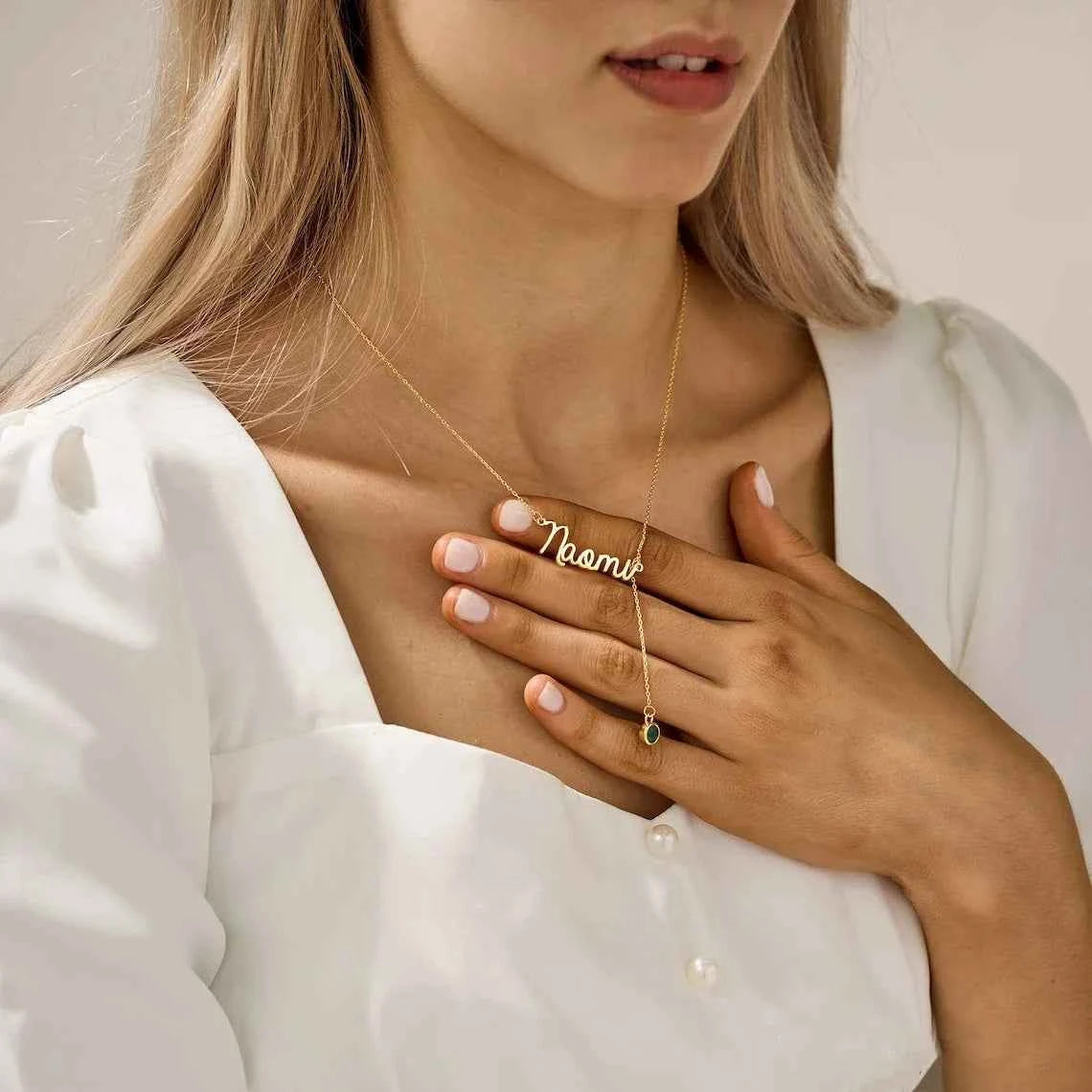 Custom Birthstone Name Extended Clavicle Chain - Nameplate