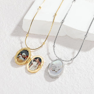 Personalized Photo Album Locket Necklace - Cross Butterfly Oval - SHOPPERS' CASTLE
