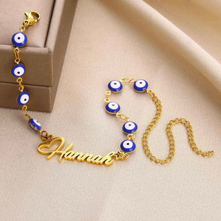 Custom Name Blue Devil's Eye Chain Bracelet - Handmade