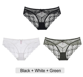 Embroidered Lace Brief Trio - White, Black & Green - SHOPPERS' CASTLE