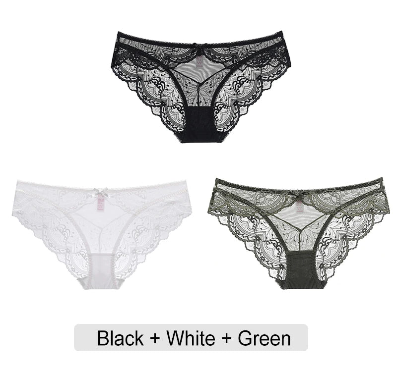 Embroidered Lace Brief Trio - White, Black & Green - SHOPPERS' CASTLE