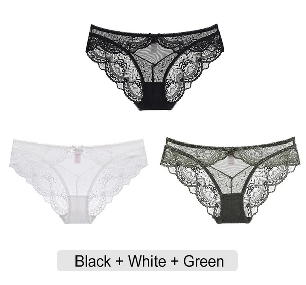 Embroidered Lace Brief Trio - White, Black & Green - SHOPPERS' CASTLE