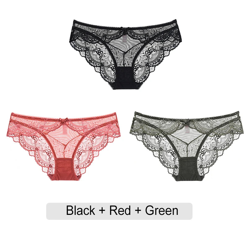 Embroidered Lace Brief Trio - White, Black & Green - SHOPPERS' CASTLE