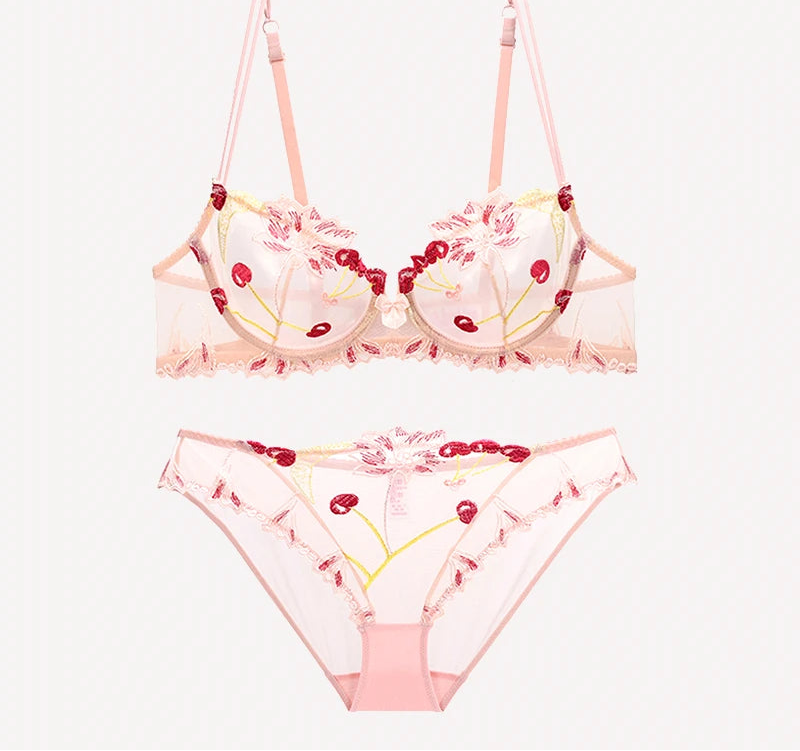 See-Through Flowers Embroidery Bra Set - Plus Size - SHOPPERS' CASTLE