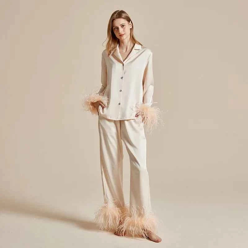 Feather Elegance Satin Sleepwear - 2-Piece Luxury Set - SHOPPERS' CASTLE