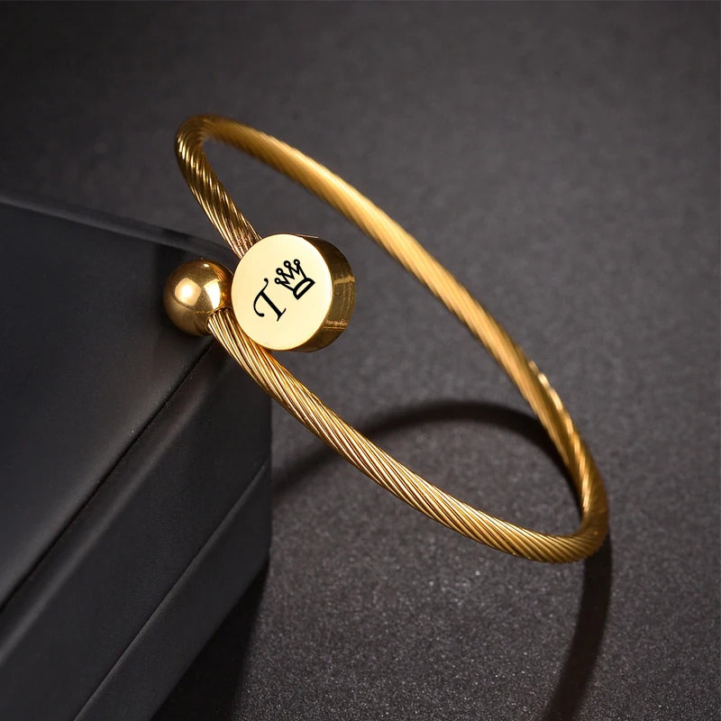 Engrave Name Date Wire Bracelet - Heart & Star Open Bangle - SHOPPERS' CASTLE