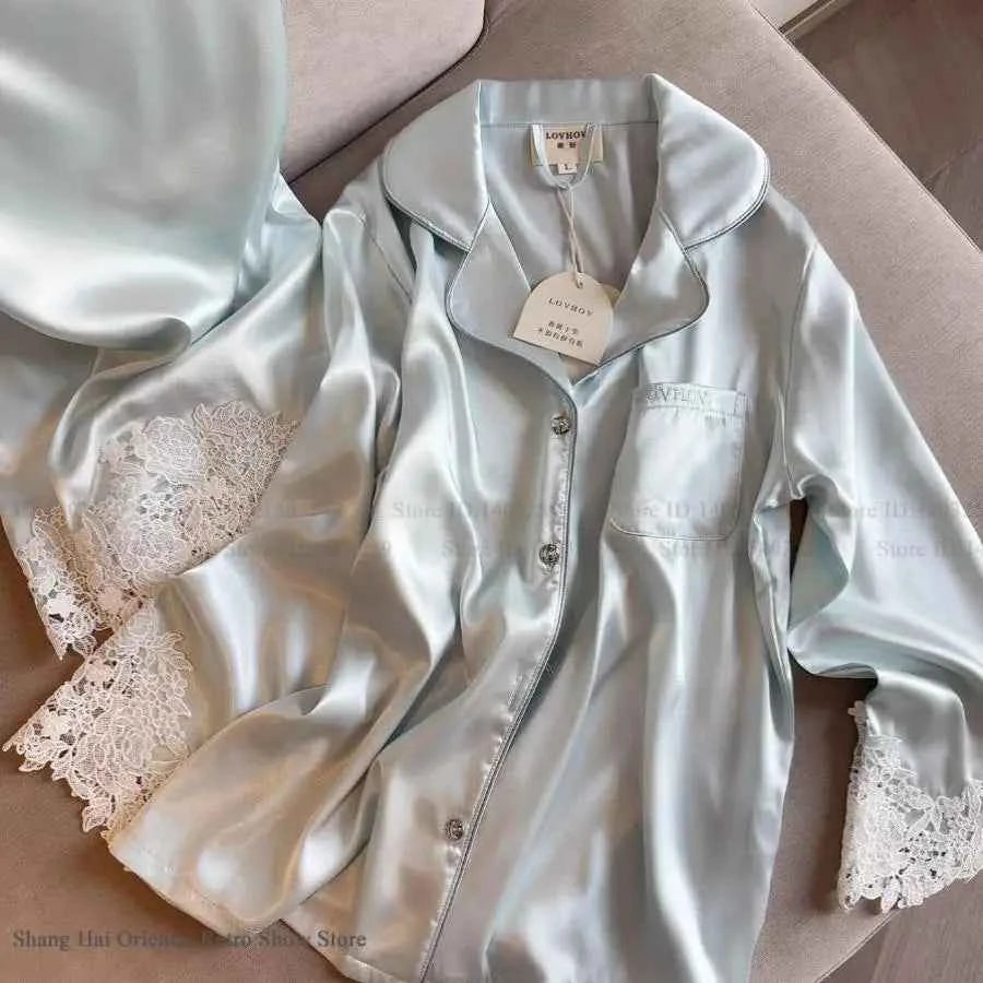 Lace Trim Satin Pajama Set - SHOPPERS' CASTLE
