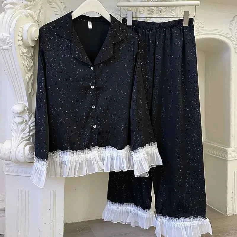 French Style Lace Trim Satin Pajama Set - SHOPPERS' CASTLE