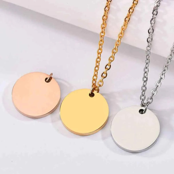 Custom Name Engrave Pattern Coin Circle Pendant Necklace - Chain