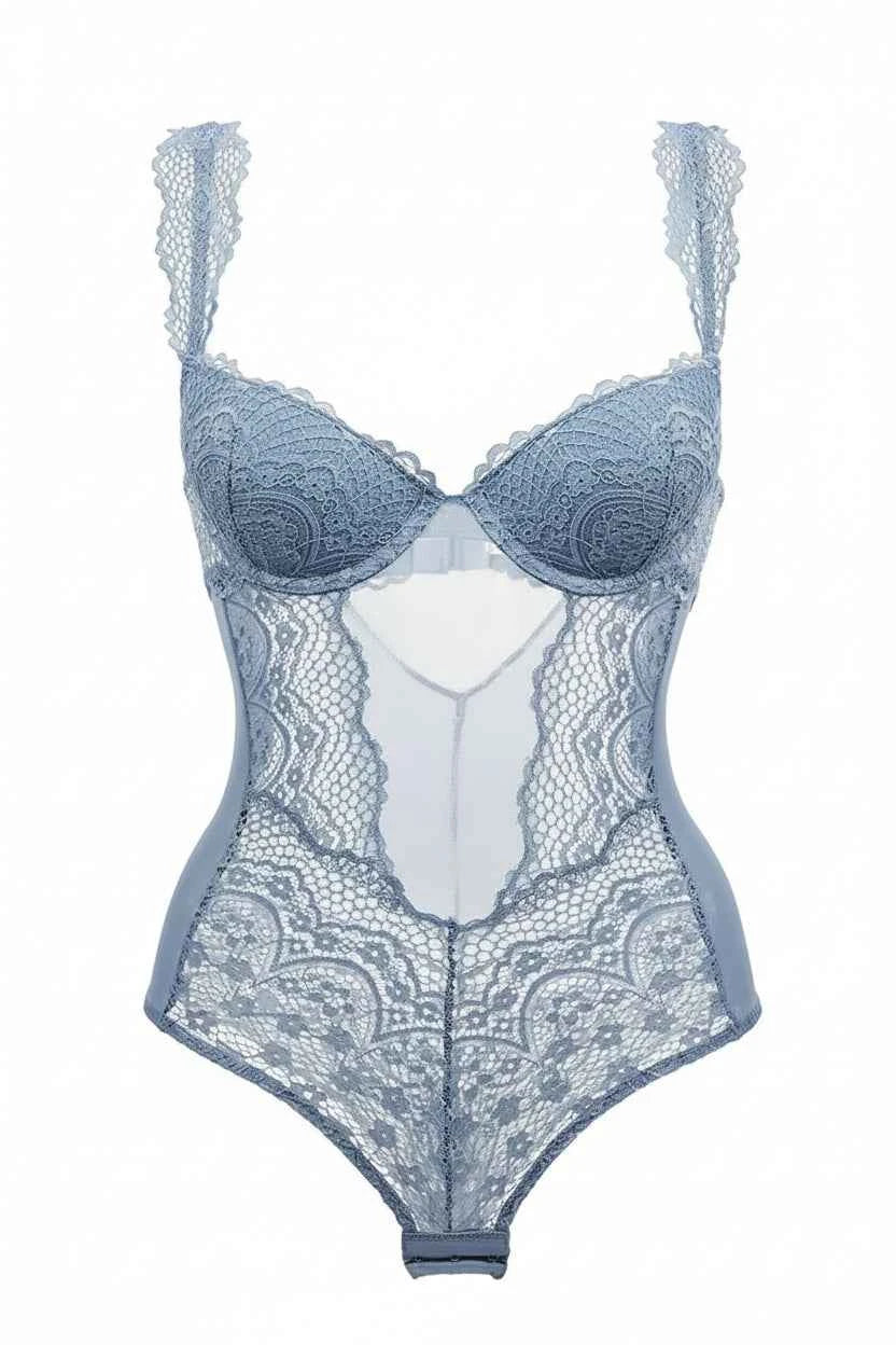 White Bustier Embroidery Bodysuit with Push-Up Bra