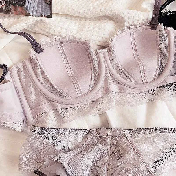 French Lace Embroidery Bra Set with Detachable Straps