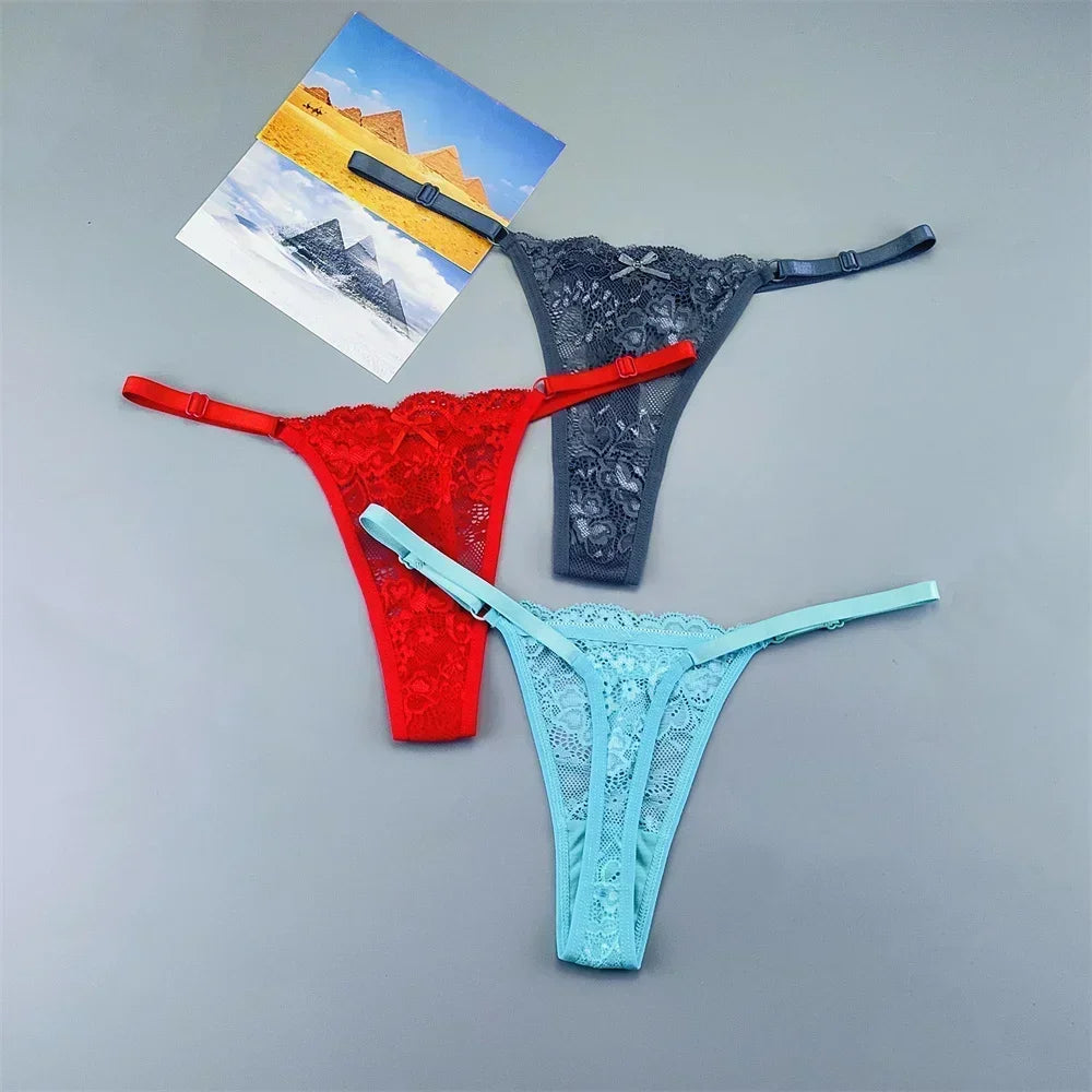 3PCS Adjustable Sexy Transparent Thong Panties Women Lace Underwear Low Waist Female T-back String Underpants - SHOPPERS' CASTLE