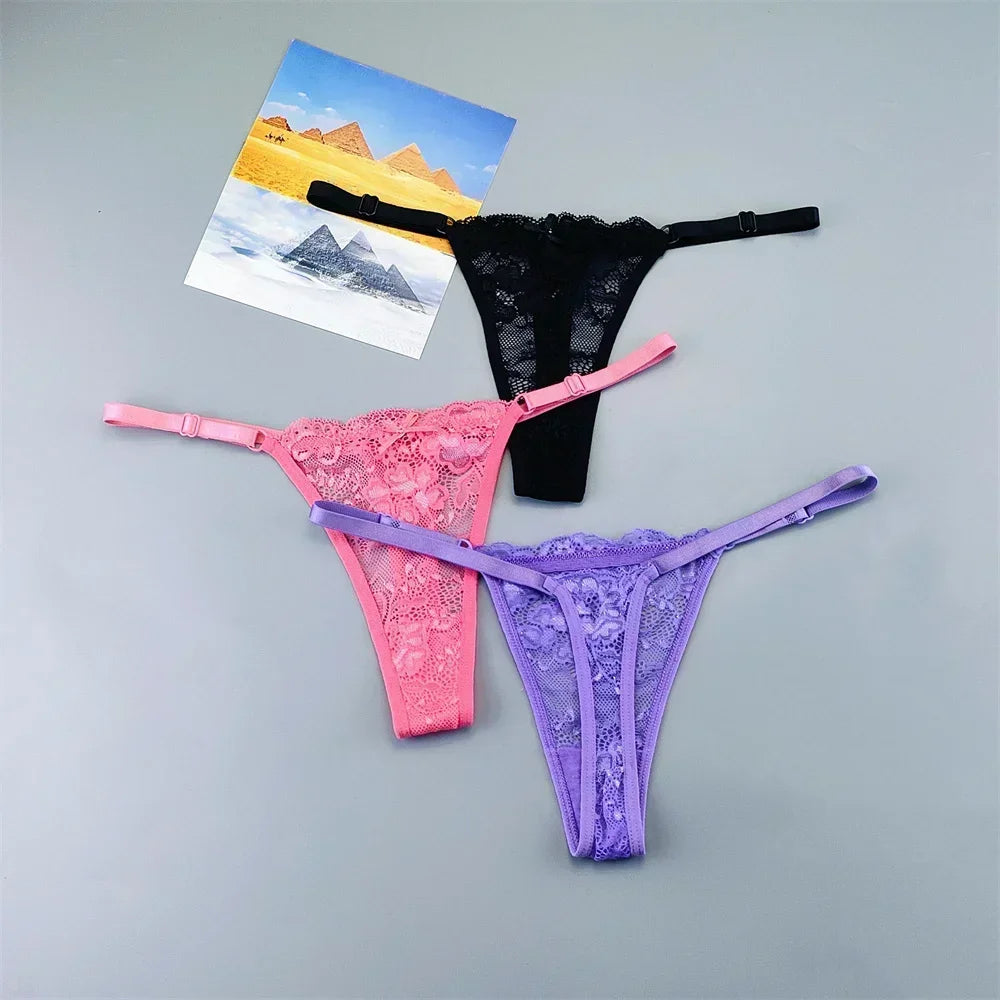3PCS Adjustable Sexy Transparent Thong Panties Women Lace Underwear Low Waist Female T-back String Underpants - SHOPPERS' CASTLE