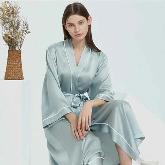 100% Pure Silk Long Satin Robe - Luxury Mid-Calf Sleepwear