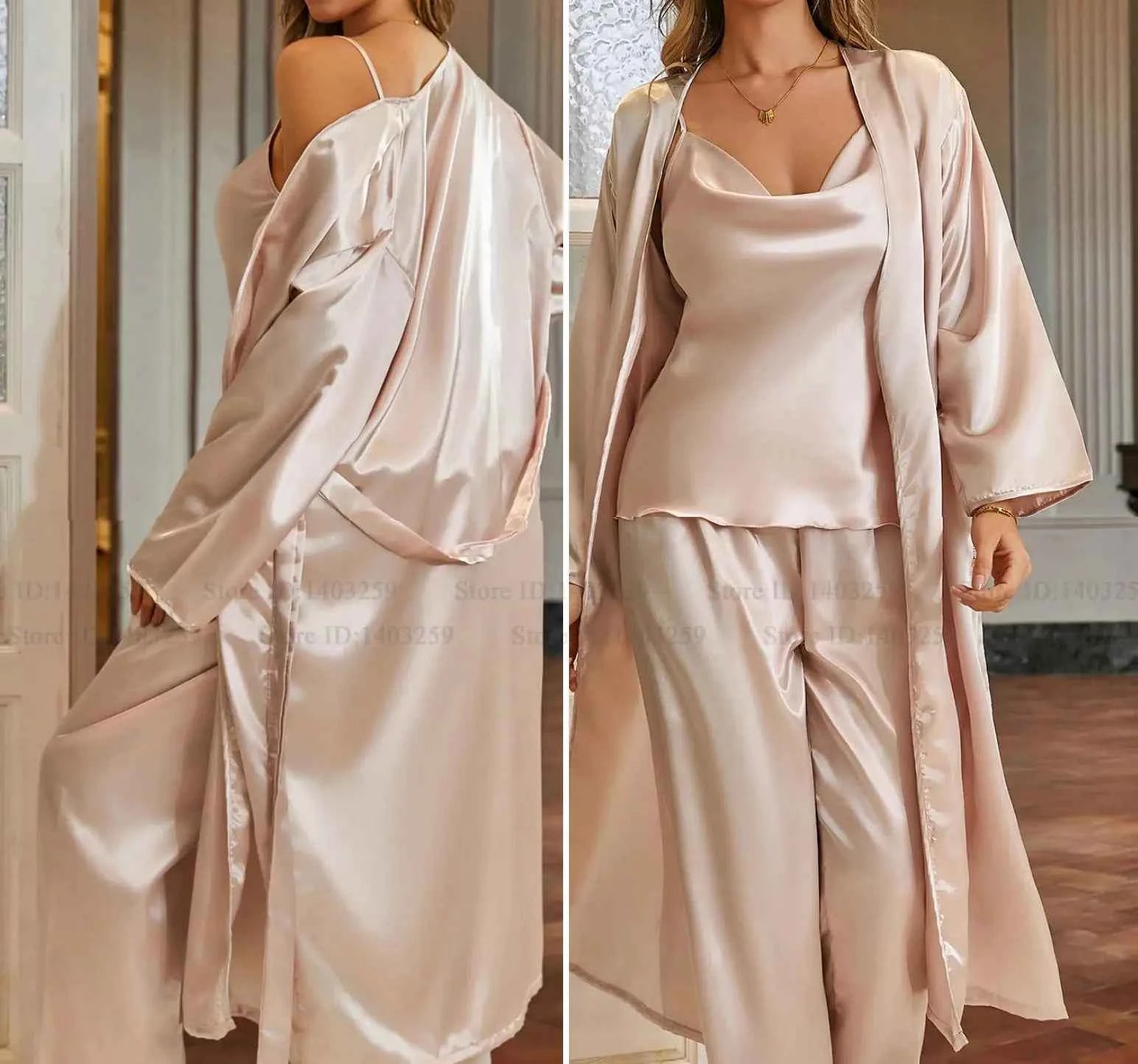 3-Piece Robe Pajama Set with Long Robe - SHOPPERS' CASTLE