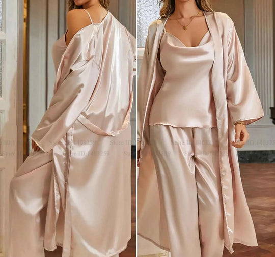 3-Piece Robe Pajama Set with Long Robe - SHOPPERS' CASTLE
