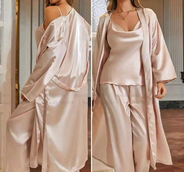 3-Piece Robe Pajama Set with Long Robe - SHOPPERS' CASTLE