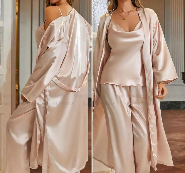 3-Piece Robe Pajama Set with Long Robe - SHOPPERS' CASTLE