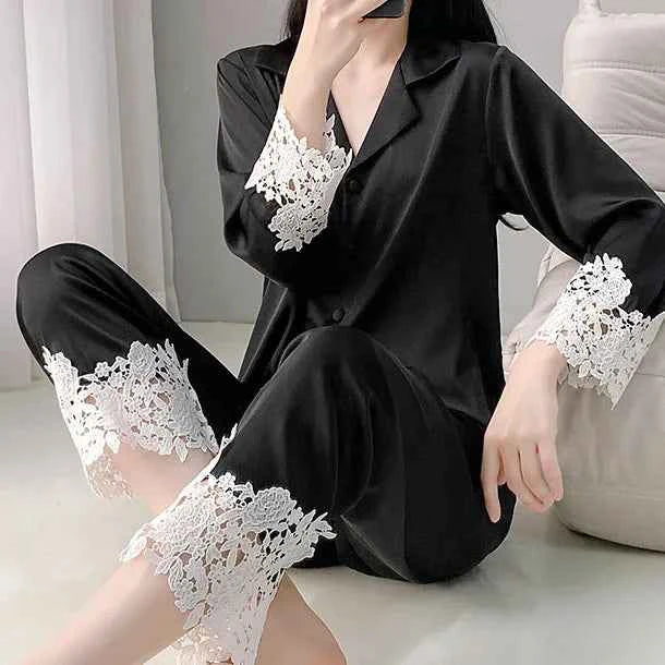 Lace Trim Satin Pajama Set - SHOPPERS' CASTLE