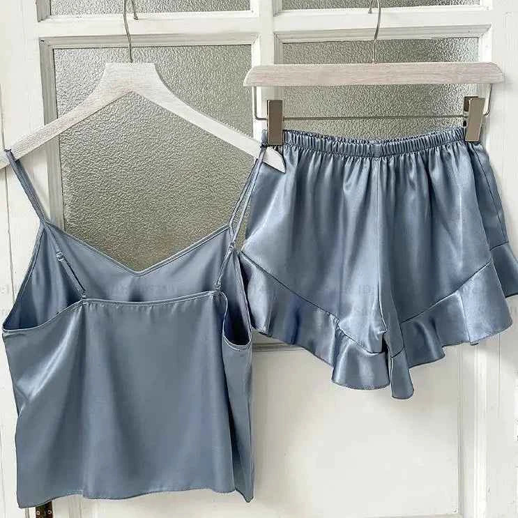 Satin Chemise Shorts Pajama Set - SHOPPERS' CASTLE