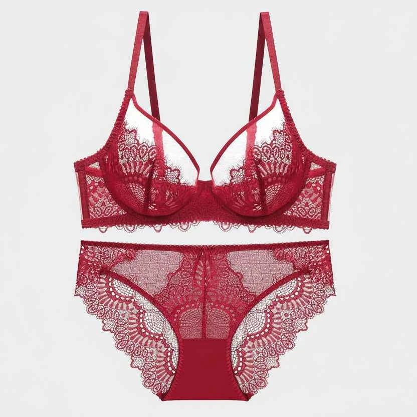 Sexy Burgundy Lace Transparent Bra Set - 3/4 Cup