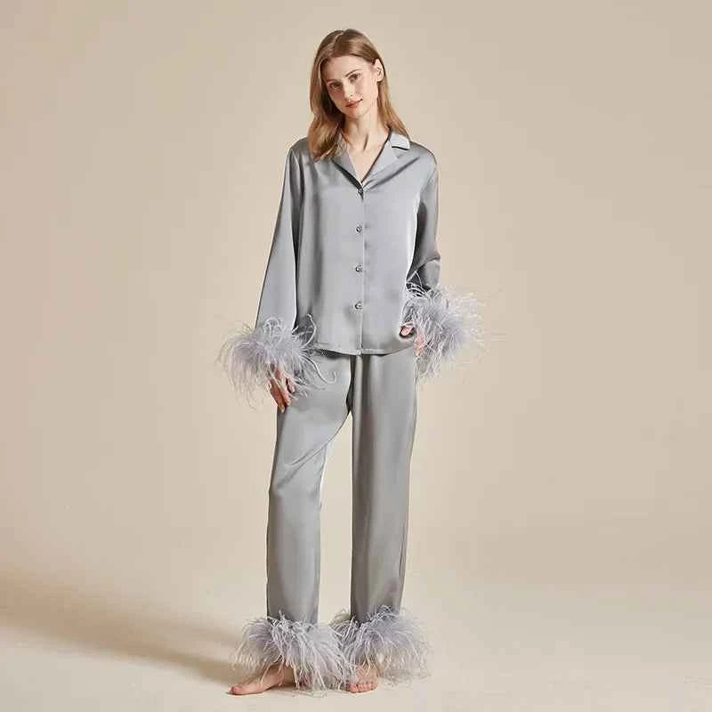 Feather Elegance Satin Sleepwear - 2-Piece Luxury Set - SHOPPERS' CASTLE