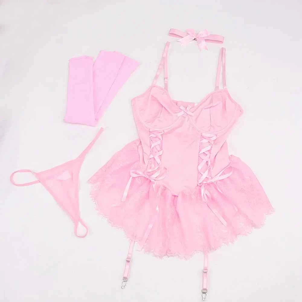 Pink Corset Lingerie Set - 5 Piece