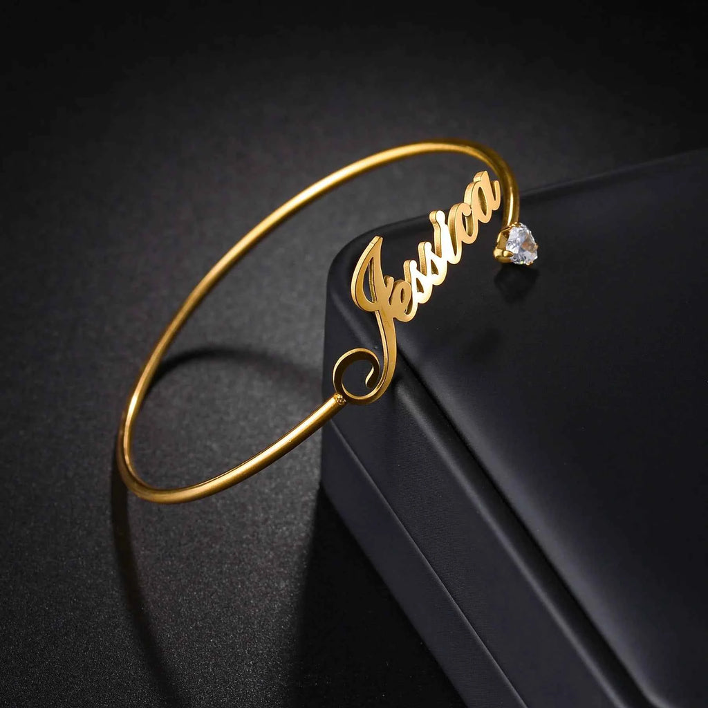 Personalized Name Open Adjustable Bangle - Heart & Letter