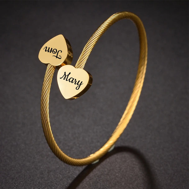 Engrave Name Date Wire Bracelet - Heart & Star Open Bangle - SHOPPERS' CASTLE