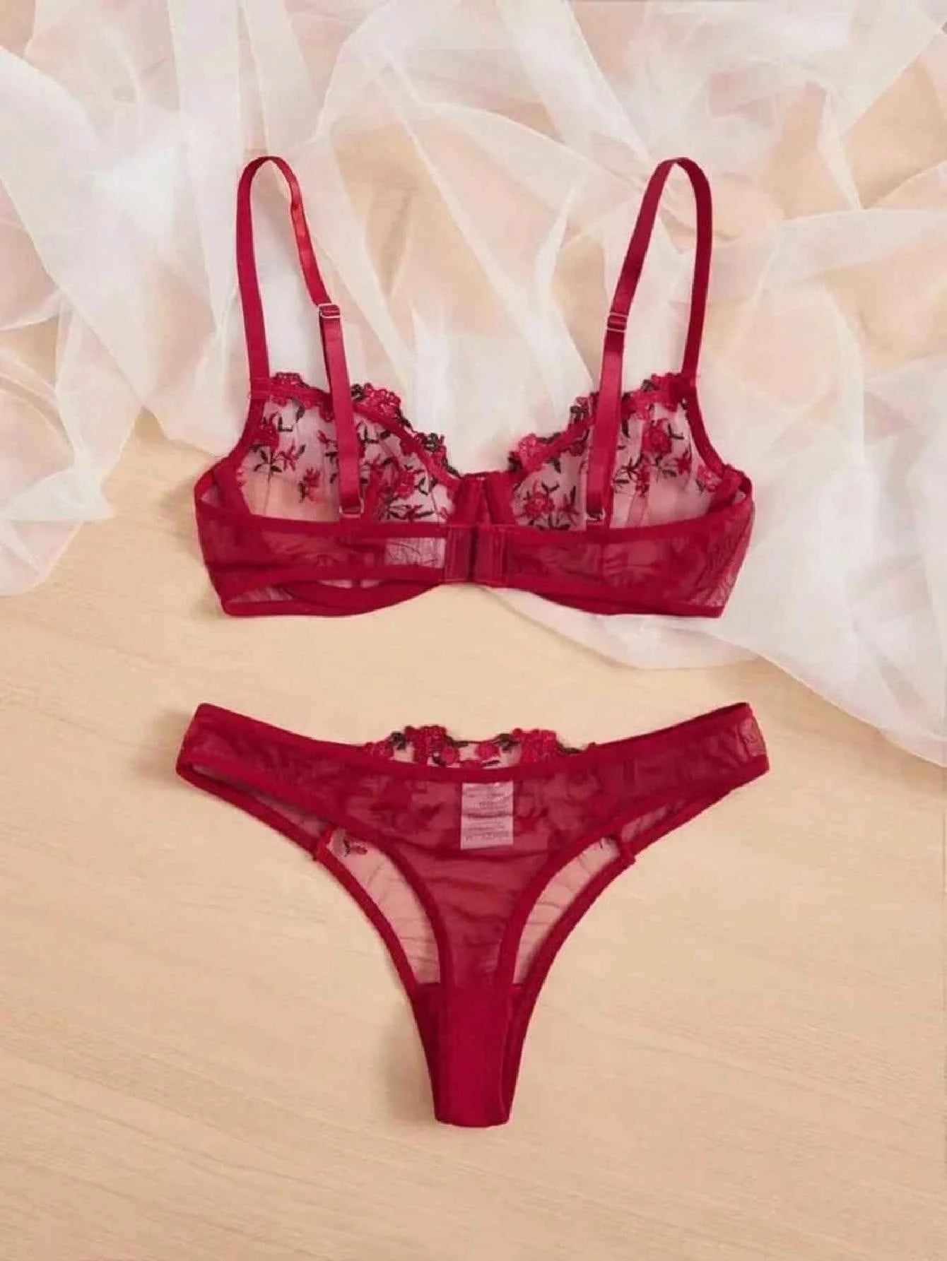 Floral Embroidery Transparent Lingerie Set