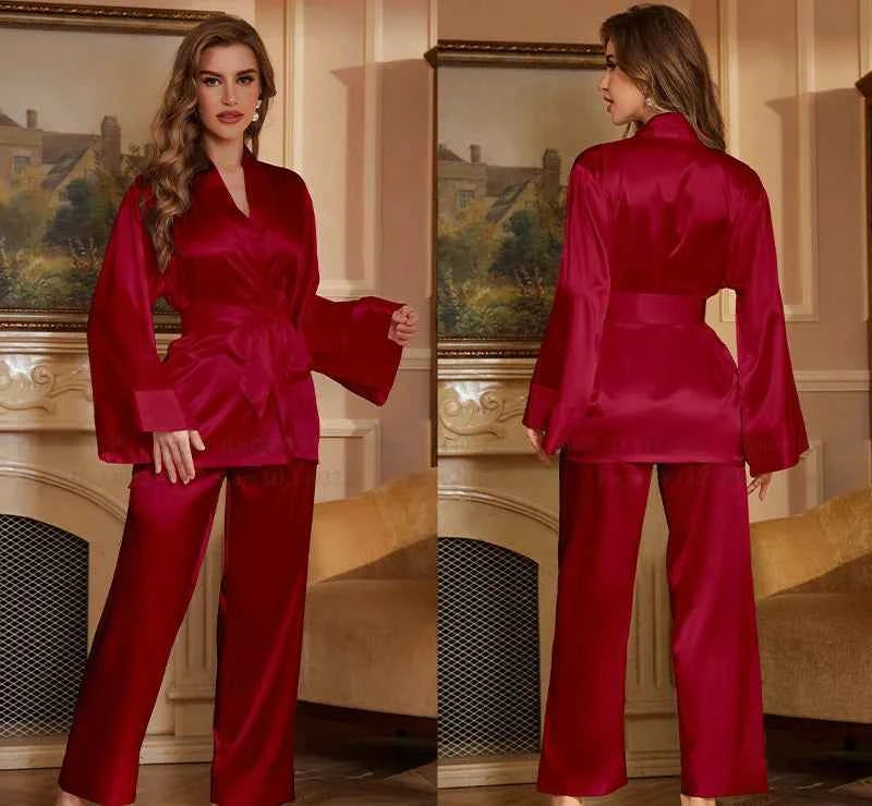 Striped Lace Trim Satin Pajama Set - SHOPPERS' CASTLE