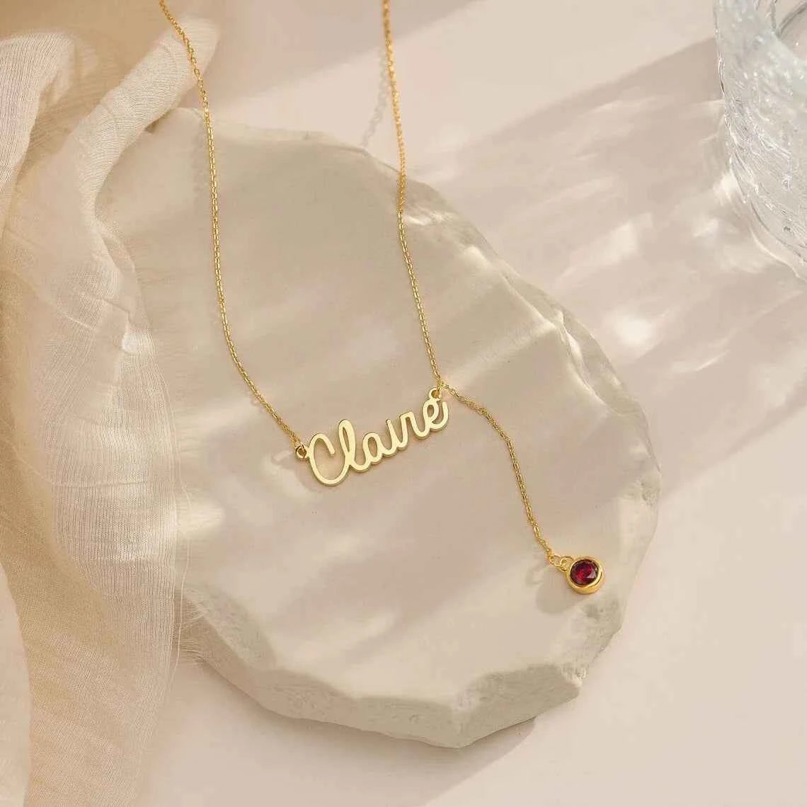 Custom Birthstone Name Extended Clavicle Chain - Nameplate