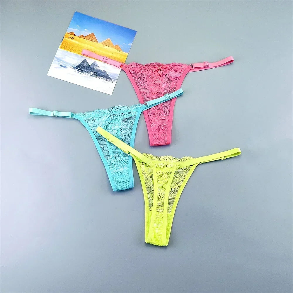 3PCS Adjustable Sexy Transparent Thong Panties Women Lace Underwear Low Waist Female T-back String Underpants - SHOPPERS' CASTLE