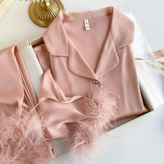 Feather Dream Satin Pajama Set - Luxury Loungewear - SHOPPERS' CASTLE