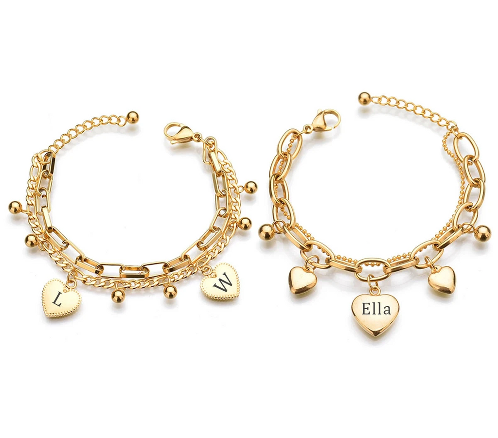 Engrave Name Heart Link Chain Bracelet - Stainless Steel