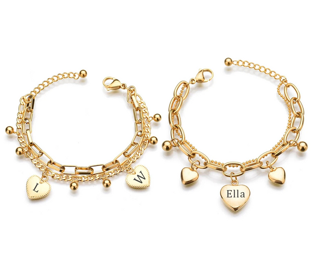 Engrave Name Heart Link Chain Bracelet - Stainless Steel