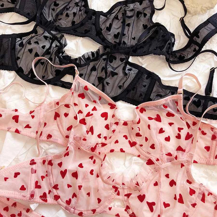 Ultra-Thin Transparent Push-Up Bra & Thong Set with Hearts