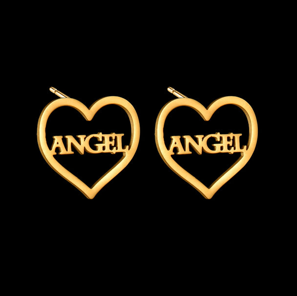 Custom Name Stud Earrings with Frosted Heart & Star - Stainless Steel - SHOPPERS' CASTLE