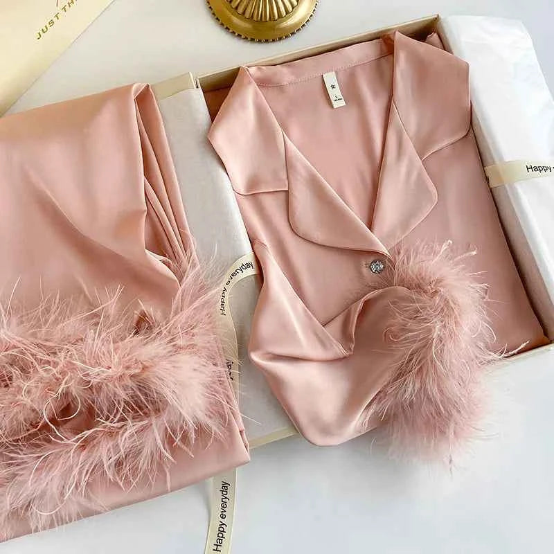 Feather Dream Satin Pajama Set - Luxury Loungewear - SHOPPERS' CASTLE