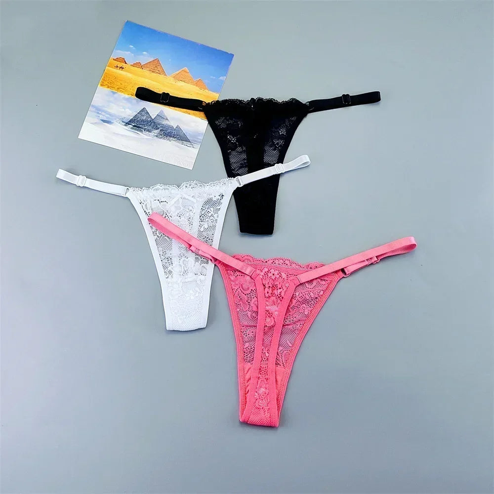 3PCS Adjustable Sexy Transparent Thong Panties Women Lace Underwear Low Waist Female T-back String Underpants - SHOPPERS' CASTLE