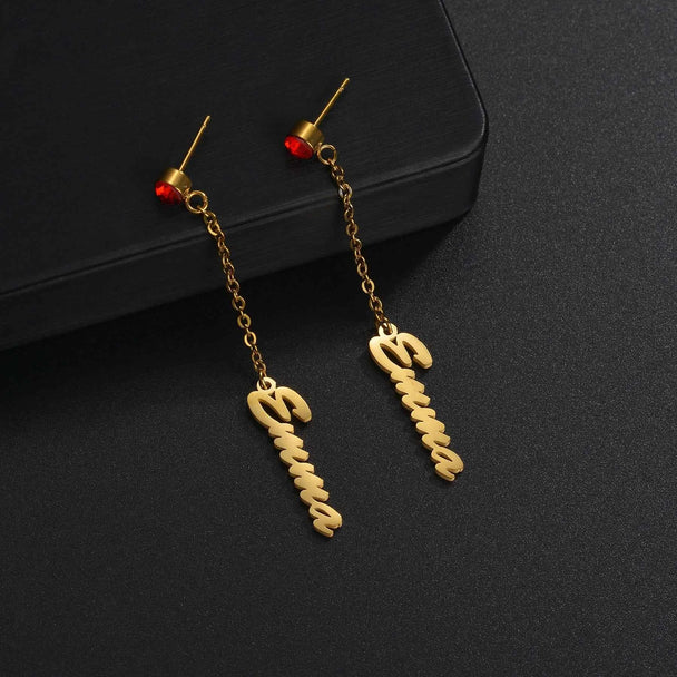 Custom Name Stud Earrings with Birthstone - Vertical Letter